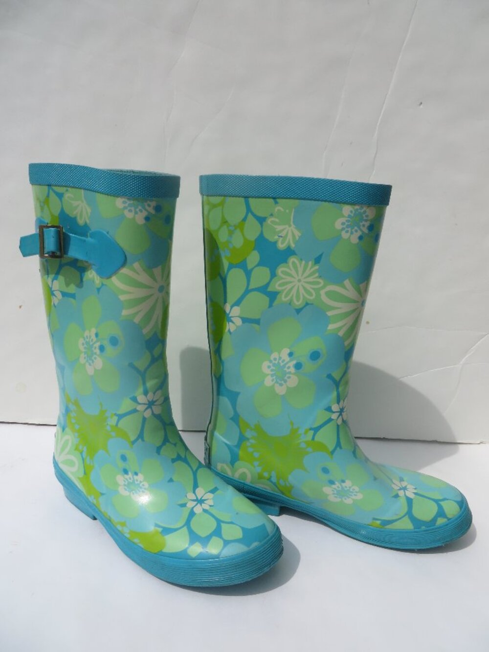 LL Bean Kids Wellie Rain boots Blue Green Flowers Waterproof Size 3 Nylon Shank